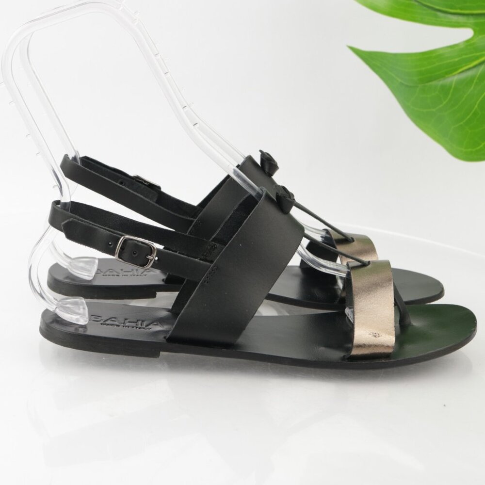 Bahia Womens Sandal Size 10 Black Gold Flat Leather Roman Thong Slingback Italy